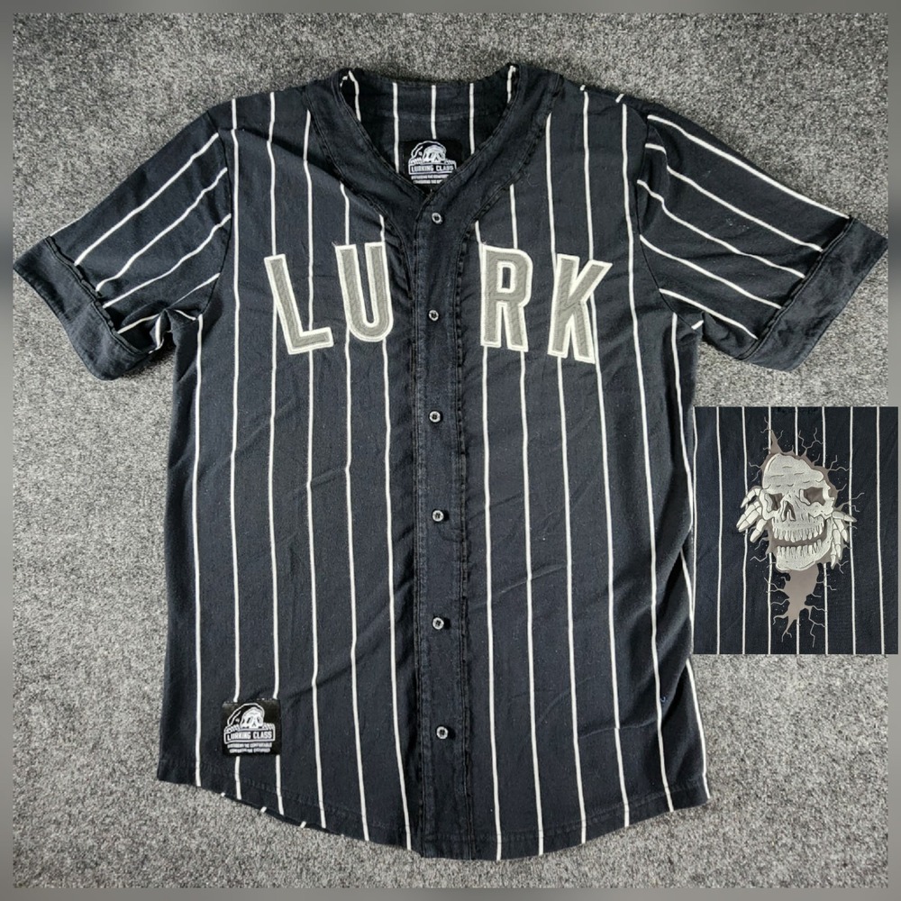 Lurking Class Men's Large Black Pinstripe Baseball Jersey Skull Goth Punk